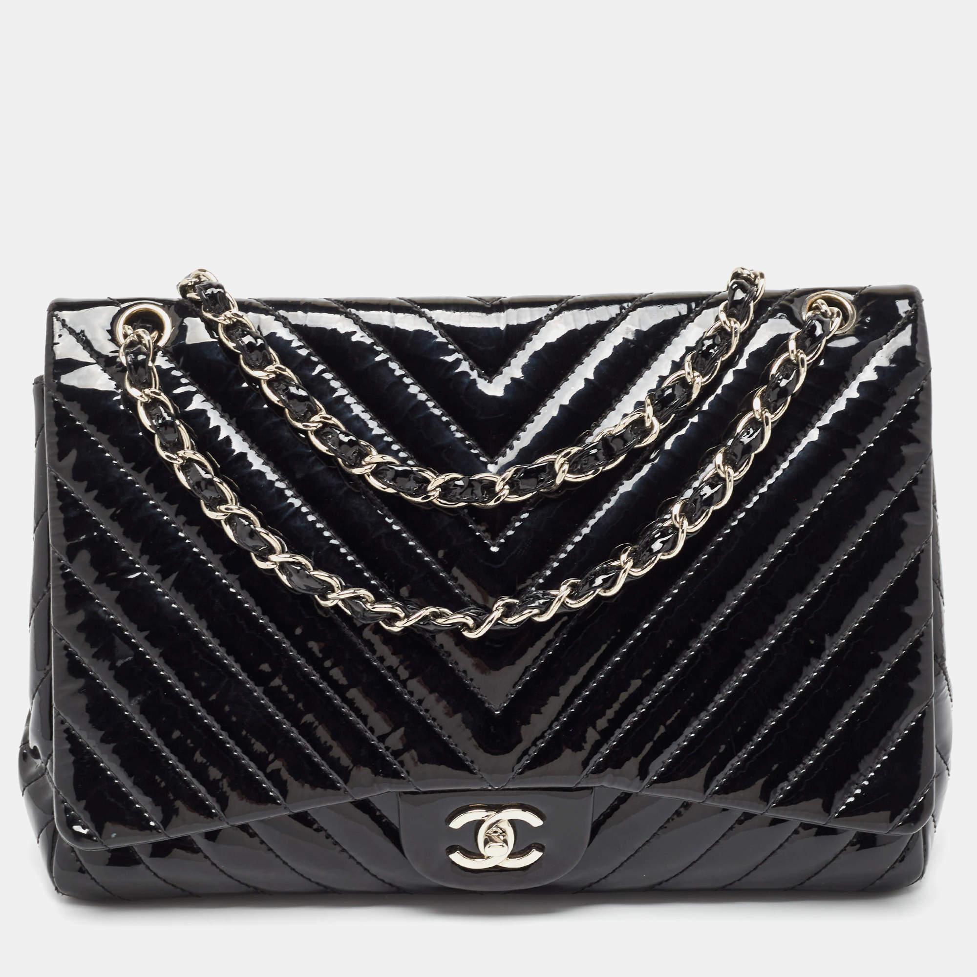 Chanel Black Chevron Patent Leather Maxi Classic Flap Bag 7