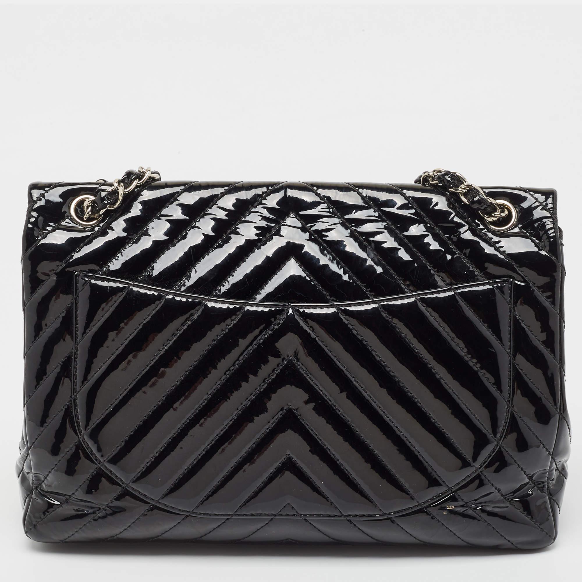 Chanel Black Chevron Patent Leather Maxi Classic Flap Bag 8