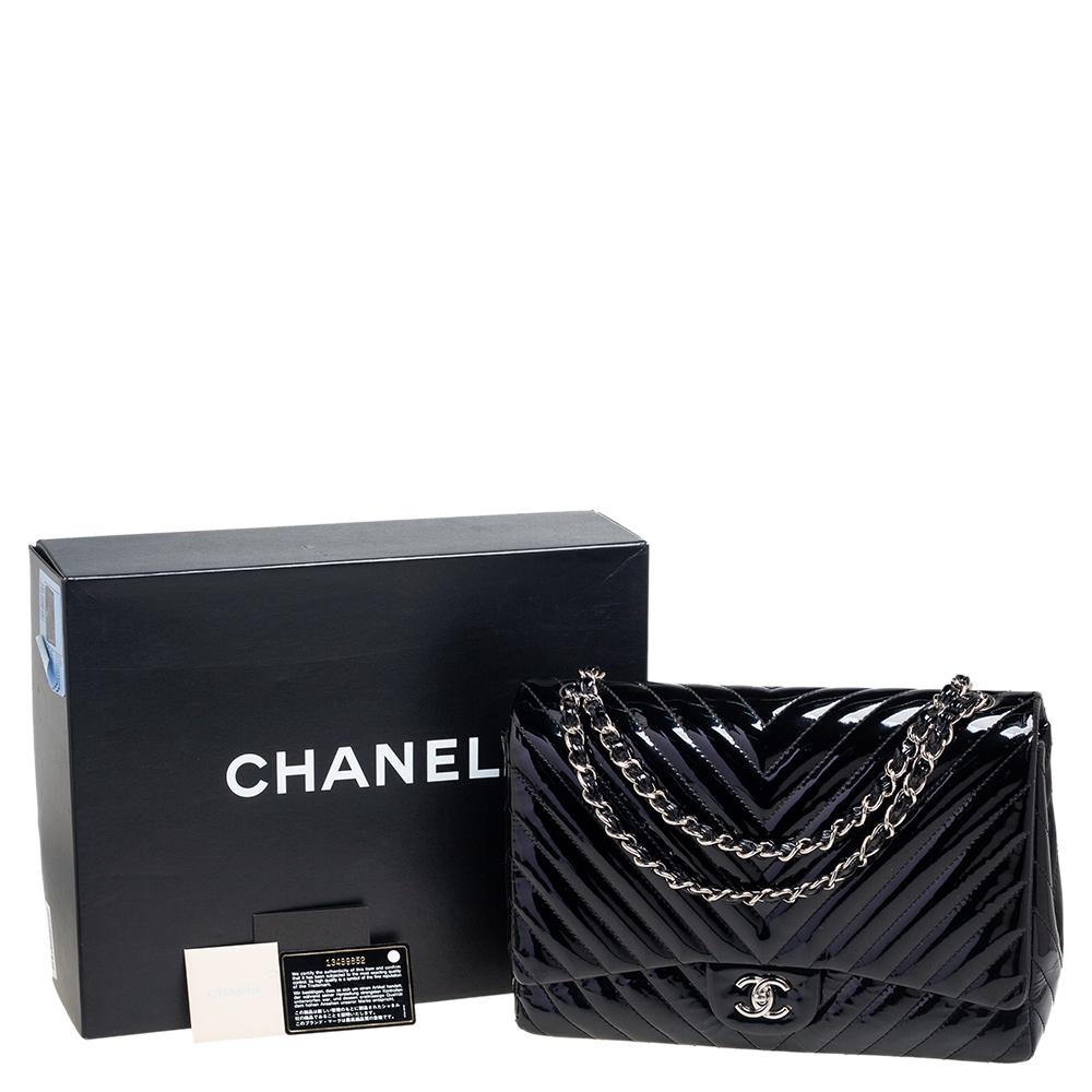 Chanel Black Chevron Patent Leather Maxi Classic Single Flap Bag 8