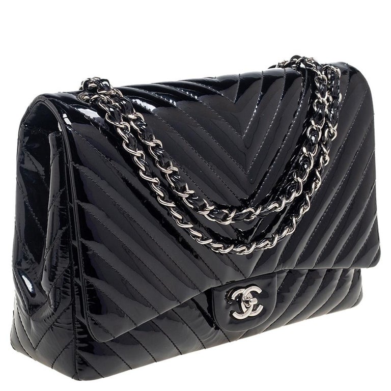 Chanel Black Chevron Patent Leather Maxi Classic Single Flap Bag at 1stDibs   high quality chanel bags, black chevron chanel bag, chanel maxi patent  leather
