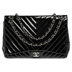 Chanel Black Chevron Patent Leather Maxi Classic Single Flap Bag