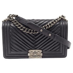Chanel Black Chevron Pleated Leather Medium Boy Flap Bag