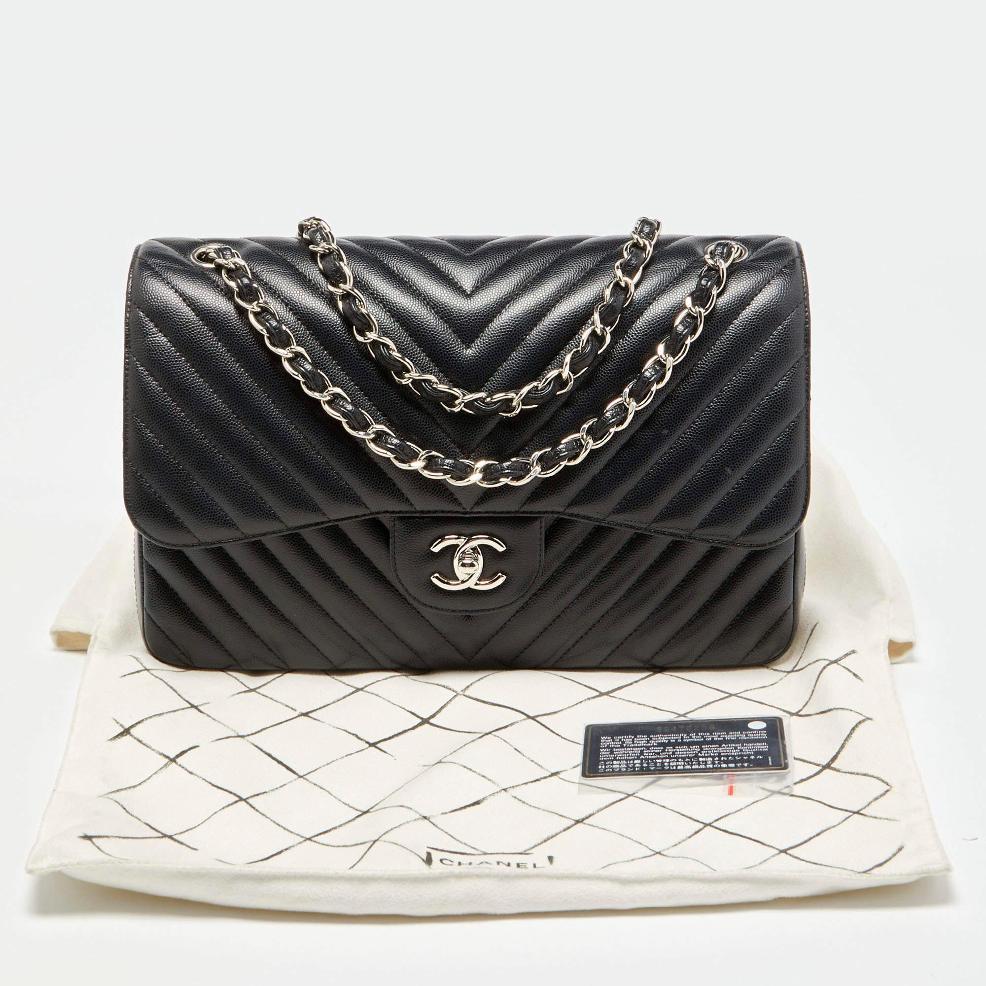 Chanel Black Chevron Quilted Caviar Leather Jumbo Classic Double Flap Bag 15