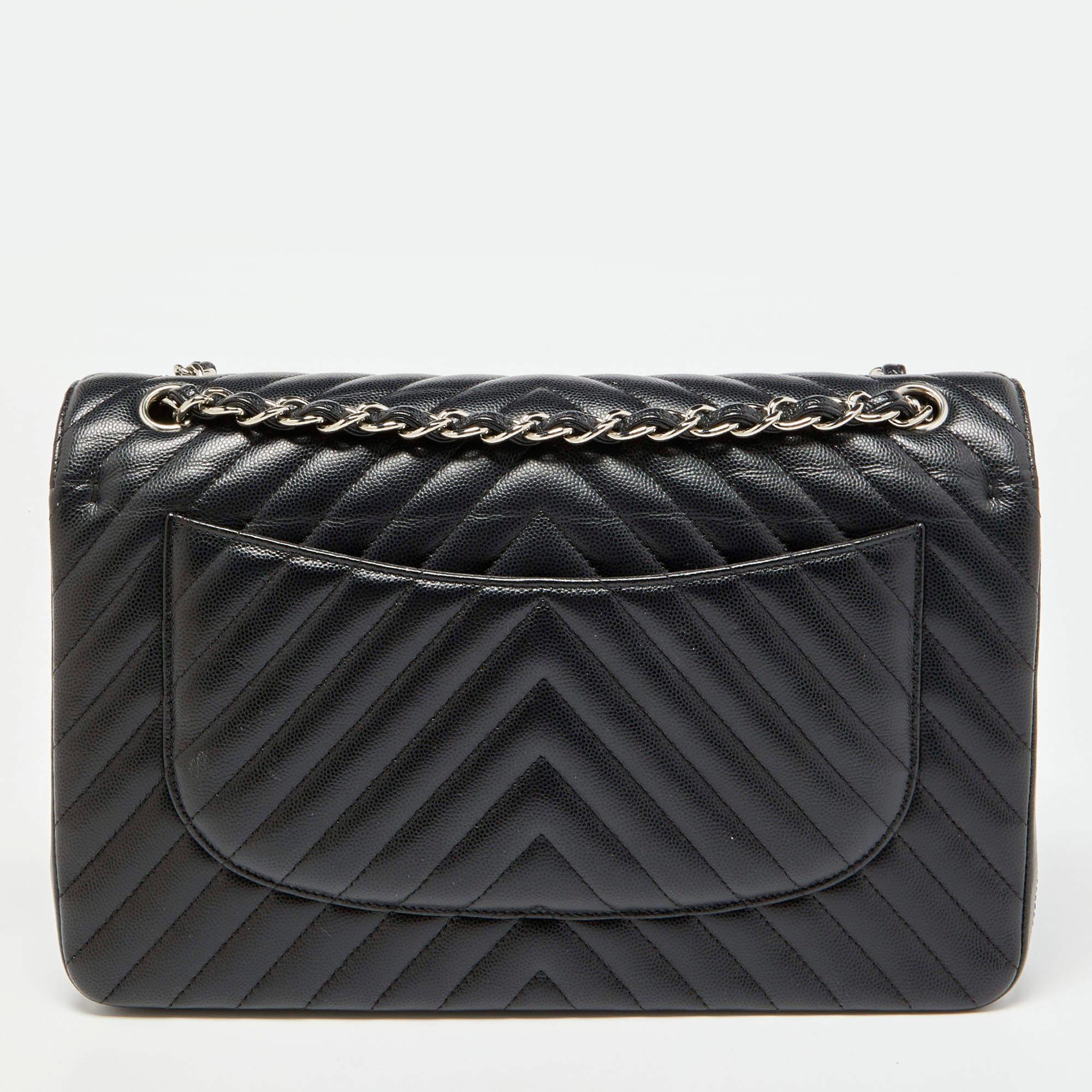 Chanel Black Chevron Quilted Caviar Leather Jumbo Classic Double Flap Bag 1