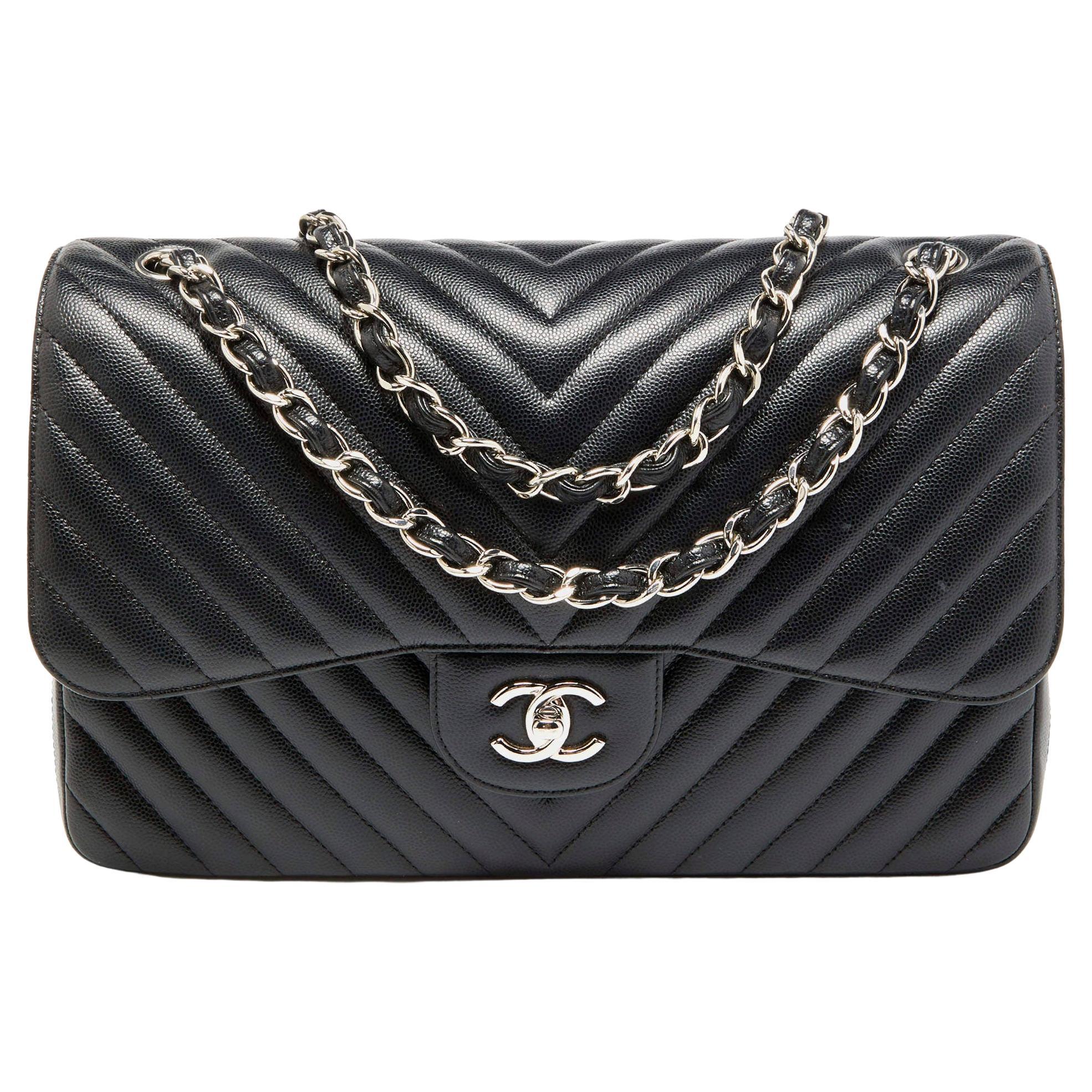 Chanel Black Chevron Quilted Caviar Leather Jumbo Classic Double Flap Bag
