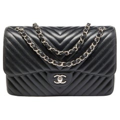 Chanel Black Chevron Quilted Caviar Leather Jumbo Classic Double Flap Bag