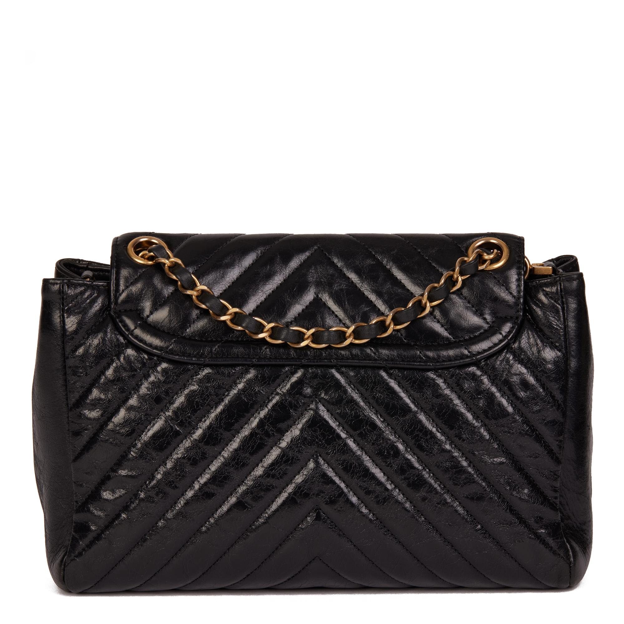 CHANEL Black Chevron Quilted Crumpled Calfskin Leather Classic Single Flap Bag 2