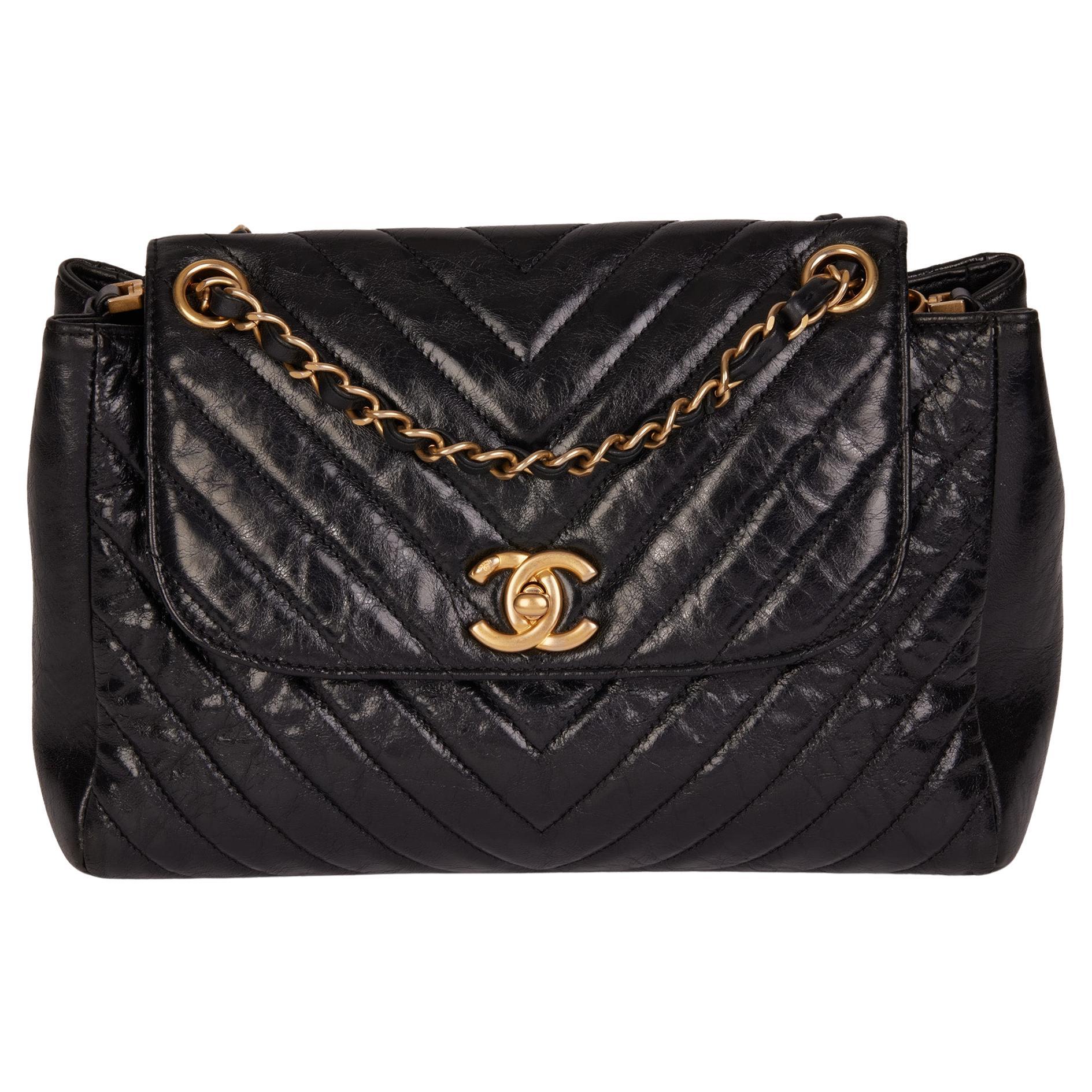 CHANEL Black Chevron Quilted Crumpled Calfskin Leather Classic Single Flap Bag