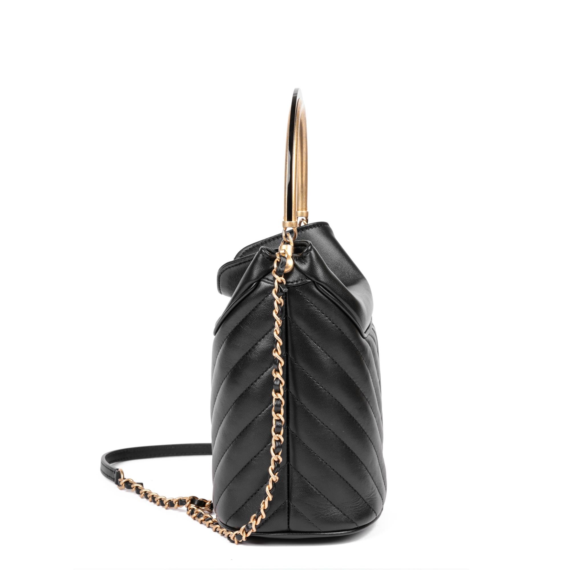 Women's CHANEL Black Chevron Quilted Lambskin Handle with Chic Bucket Bag For Sale