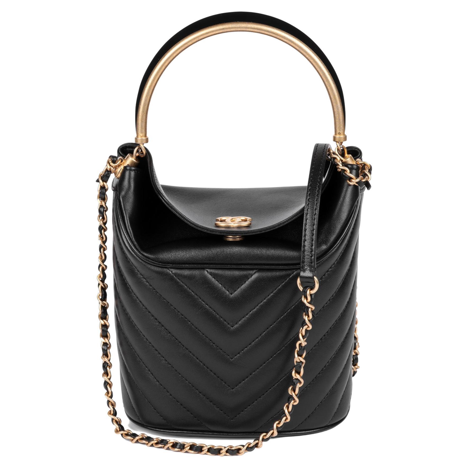 CHANEL Black Chevron Quilted Lambskin Handle with Chic Bucket Bag