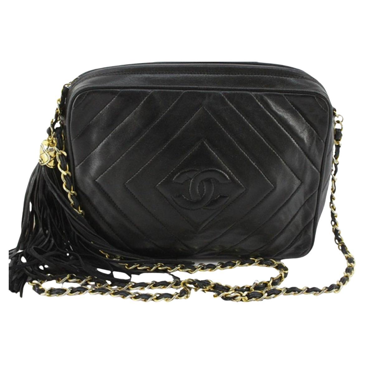 Chanel Black Chevron Quilted Lambskin Leather Camera Fringe Crossbody Bag For Sale