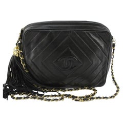 Chanel Black Chevron Quilted Lambskin Leather Camera Fringe Crossbody Bag