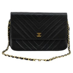 Vintage Chanel Black Chevron Quilted Lambskin Leather CC Flap Shoulder Bag