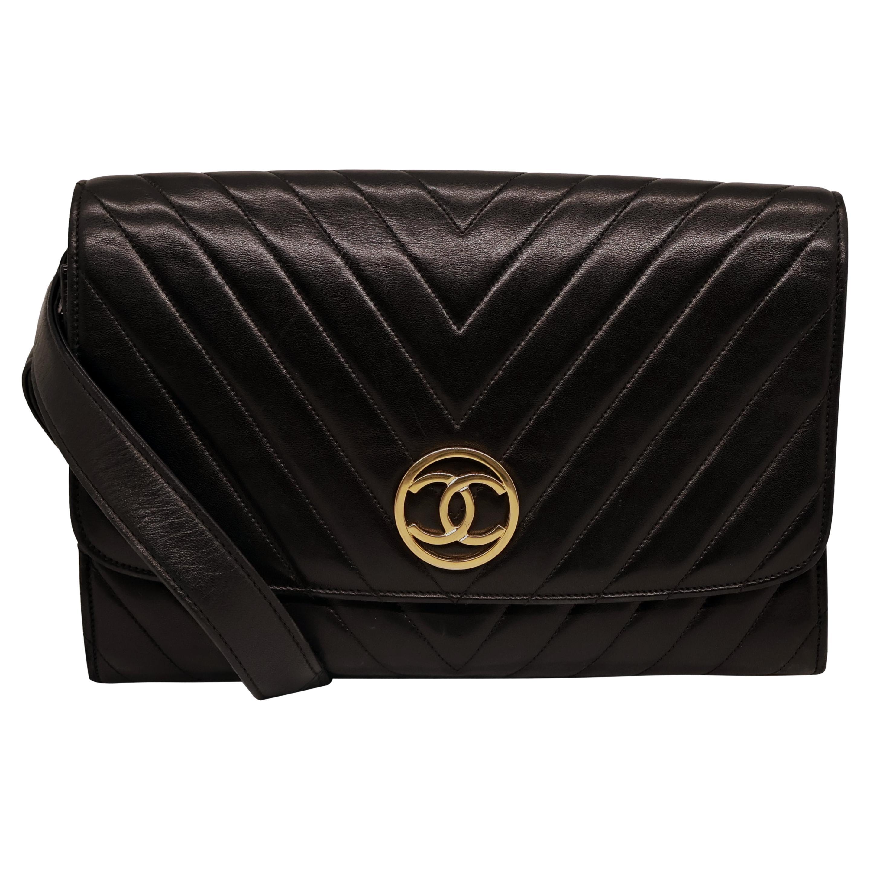 Chanel Black Chevron Quilted Lambskin Leather Single Flap Shoulder Bag, 1994.