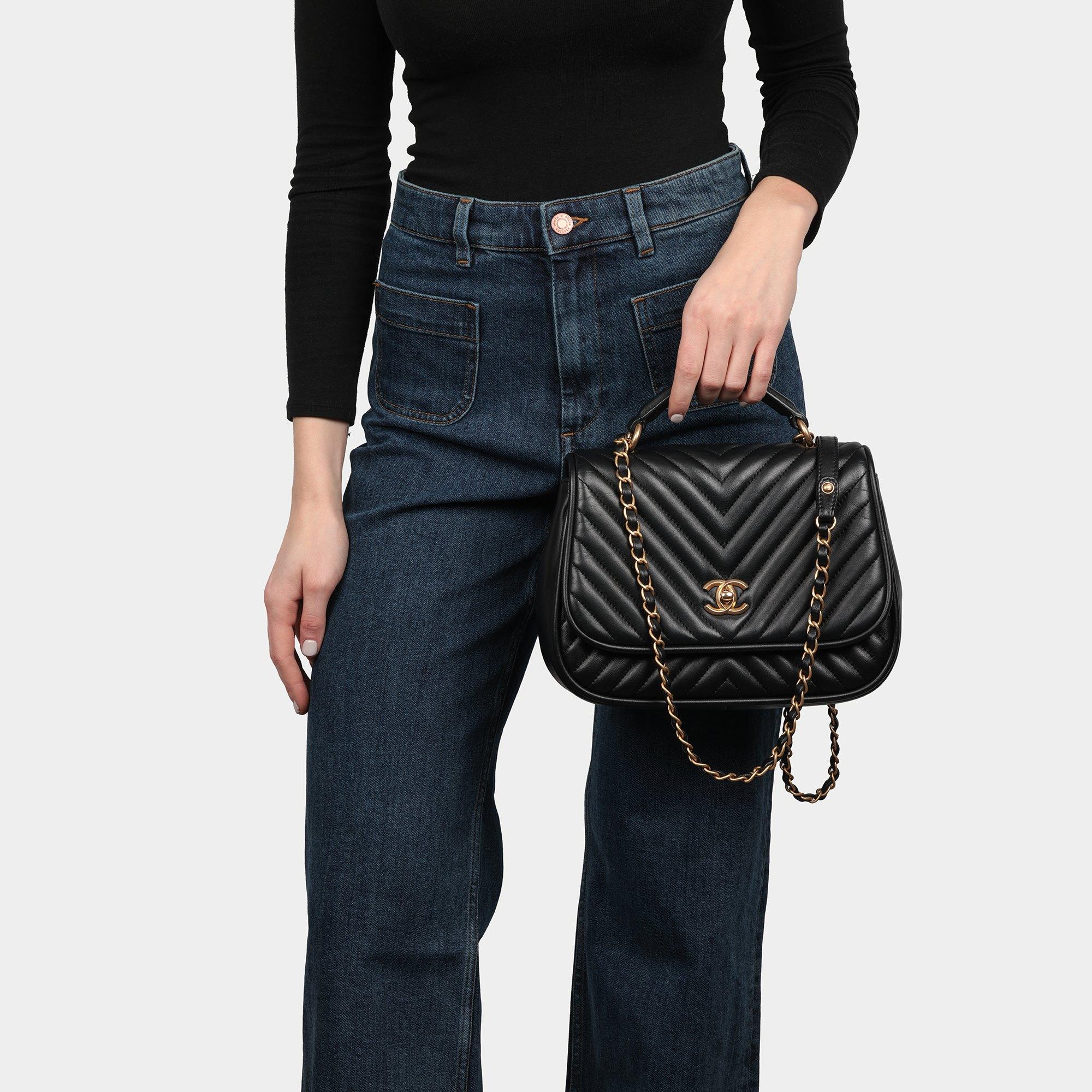 CHANEL Black Chevron Quilted Lambskin Medium Classic Top Handle Flap Bag 6