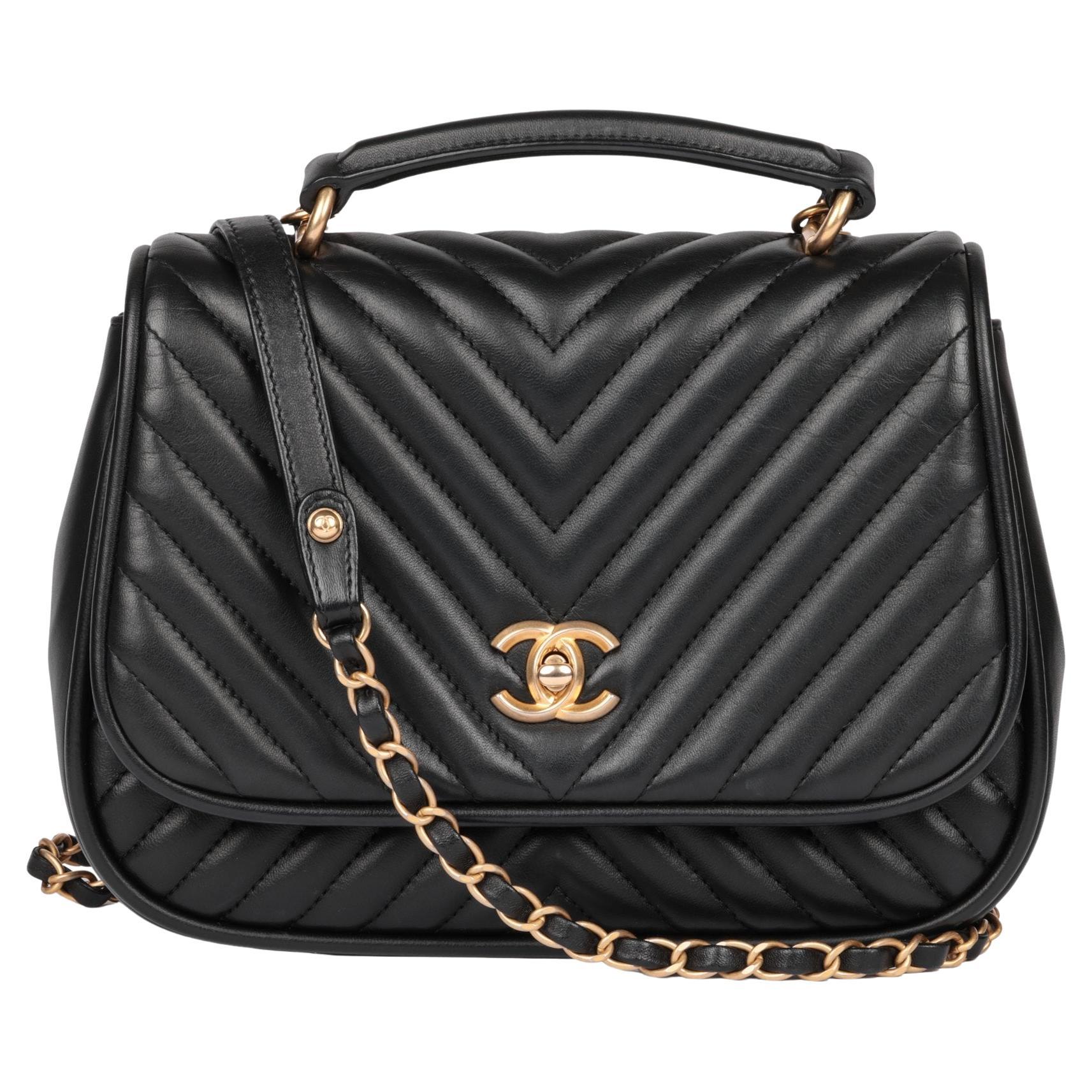 CHANEL Black Chevron Quilted Lambskin Medium Classic Top Handle Flap Bag  For Sale at 1stDibs