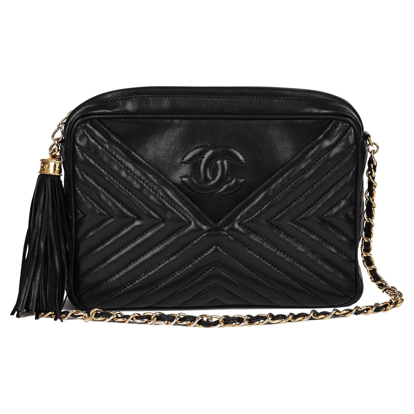 CHANEL Black Chevron Quilted Lambskin Vintage Fringe Timeless Camera Bag