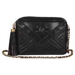 CHANEL Black Chevron Quilted Lambskin Vintage Small Fringe Timeless Camera Bag