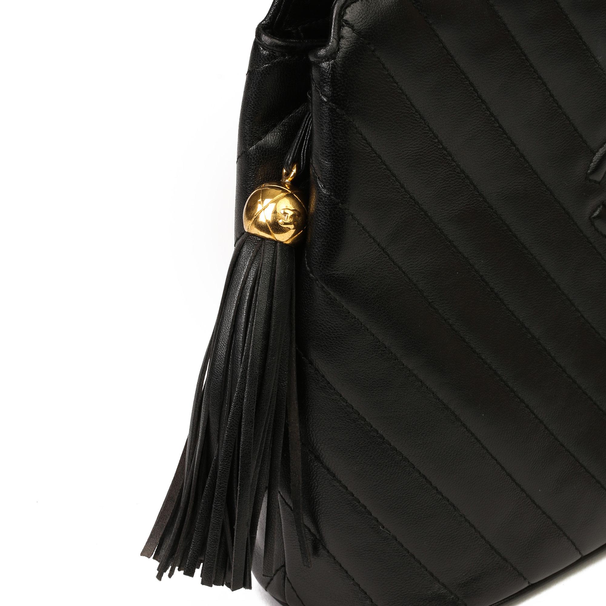 Chanel Black Chevron Quilted Lambskin Vintage Timeless Fringe Tote  2