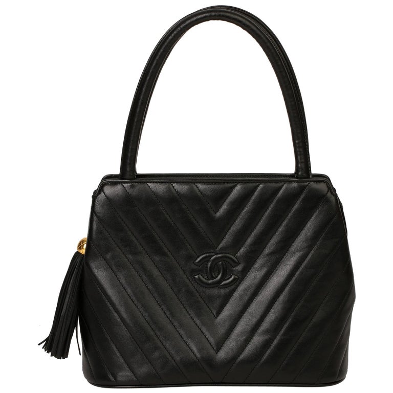Chanel Black Chevron Quilted Lambskin Vintage Timeless Fringe Tote at ...