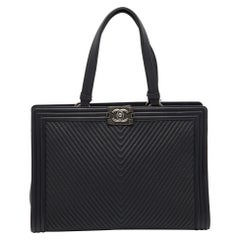 Chanel Black Chevron Quilted Leather Large Boy Shopper Tote