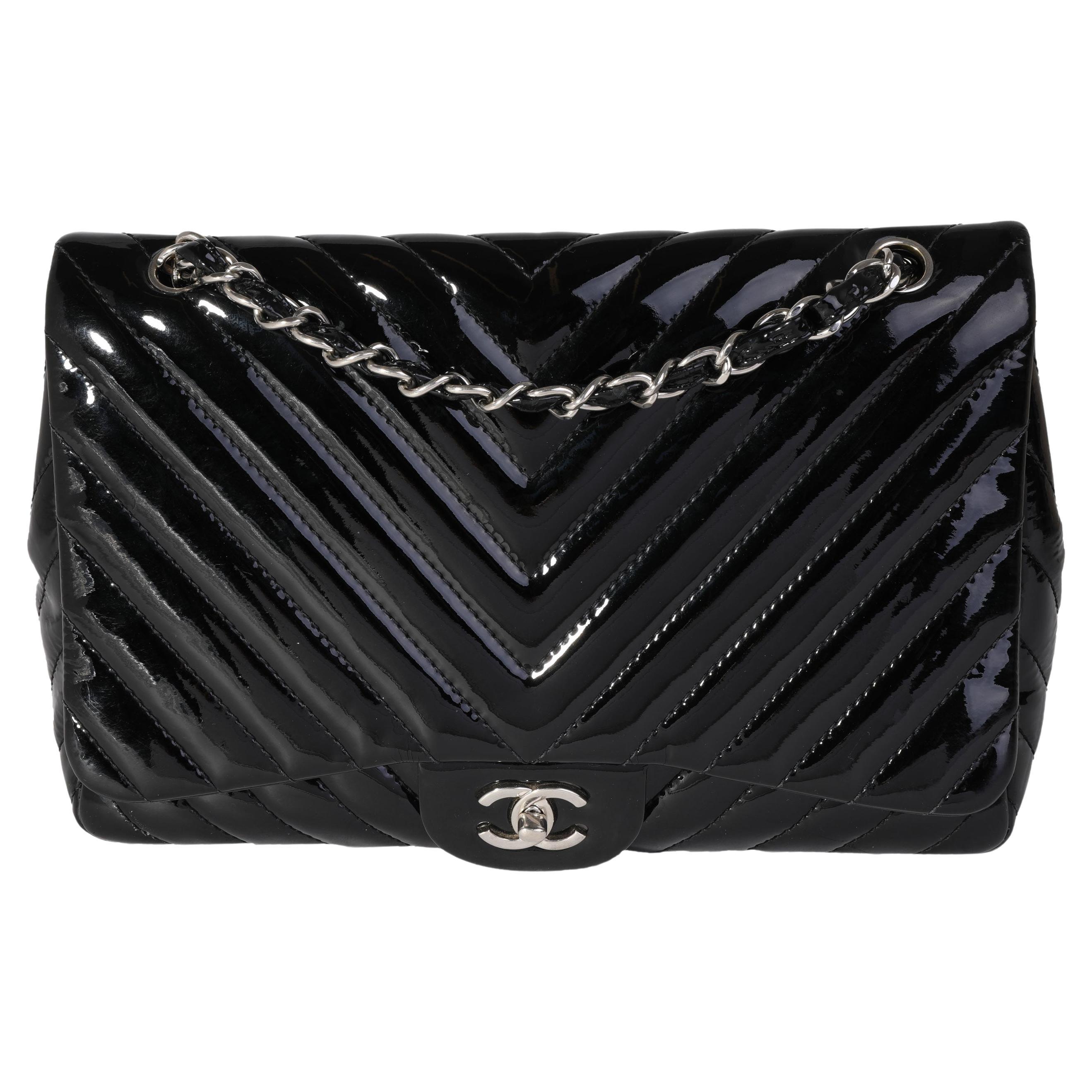 Chanel Black Chevron Quilted Patent Leather Jumbo Classic Single Flap Bag