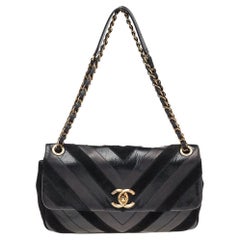Chanel Black Chevron Suede And Leather Flap Bag
