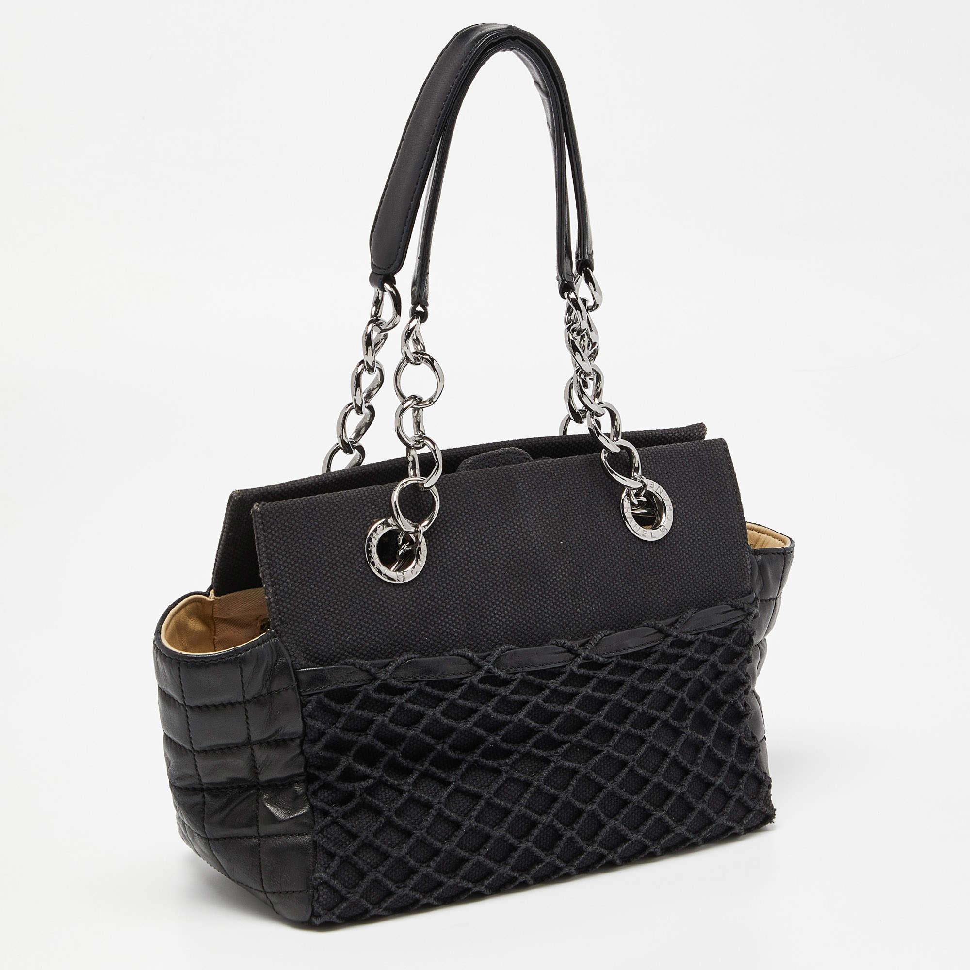 Women's Chanel Black Choco Bar Leather and Canvas Mesh CC Bag For Sale