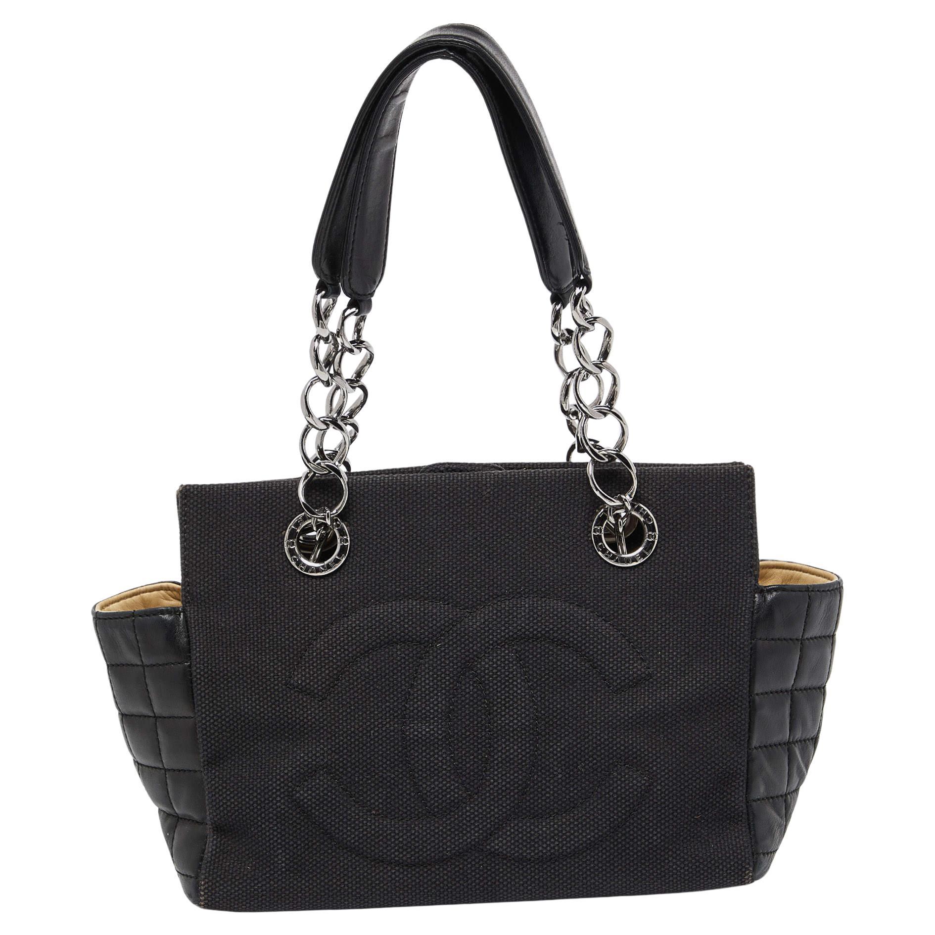 Chanel Black Choco Bar Leather and Canvas Mesh CC Bag For Sale