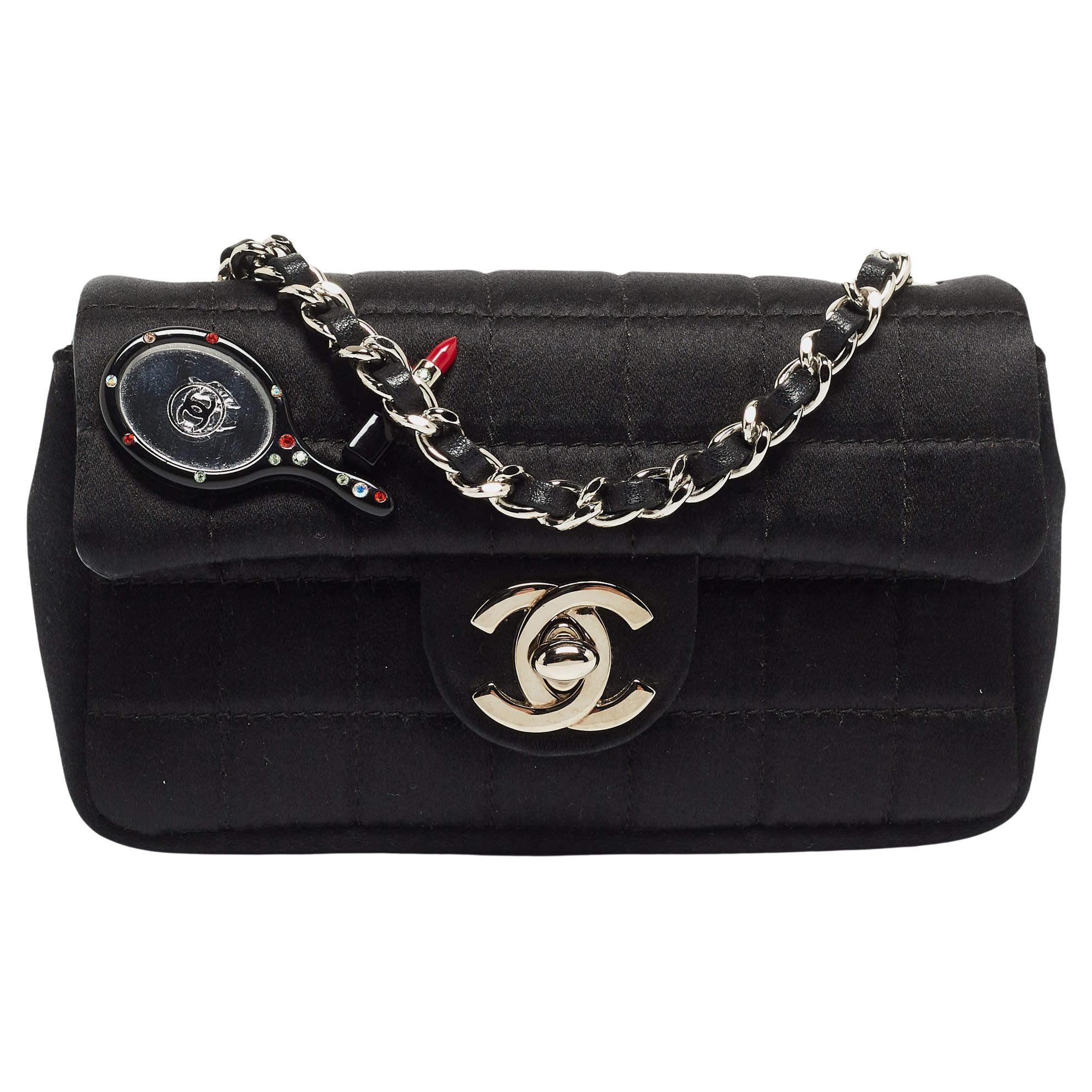 Chanel Black Choco Quilted Satin Extra Mini Lipstick Charm Bag