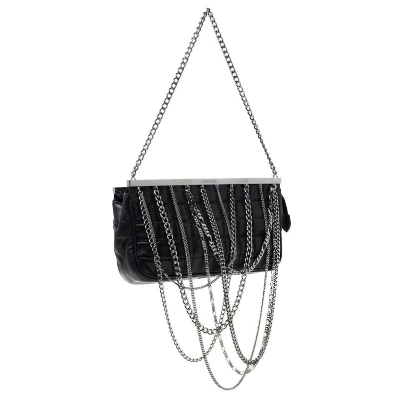 Women's Chanel Black Chocolate Bar Leather Multi-Chain Clutch