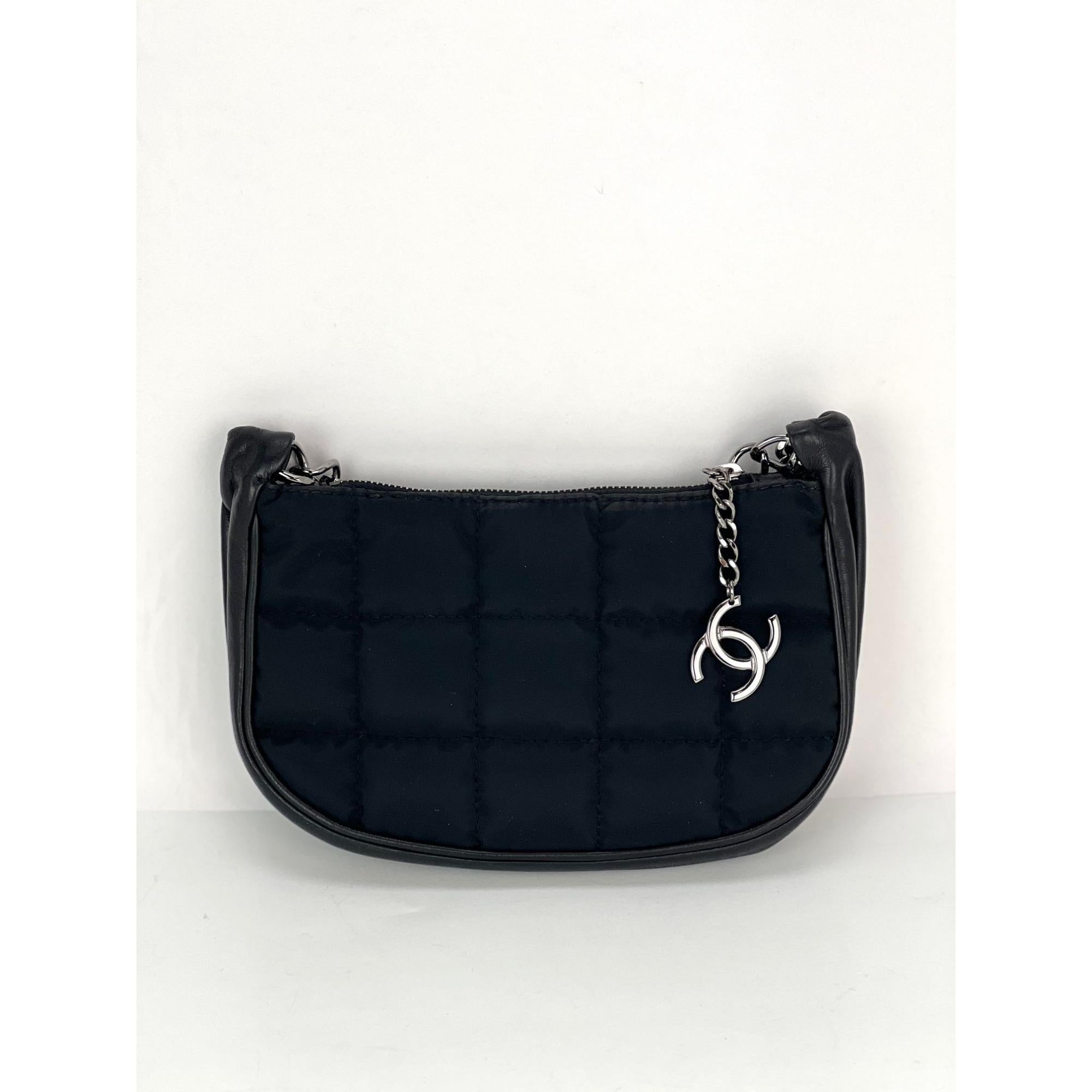 Chanel Black Chocolate Bar Nylon Leather Pochette Bag 6