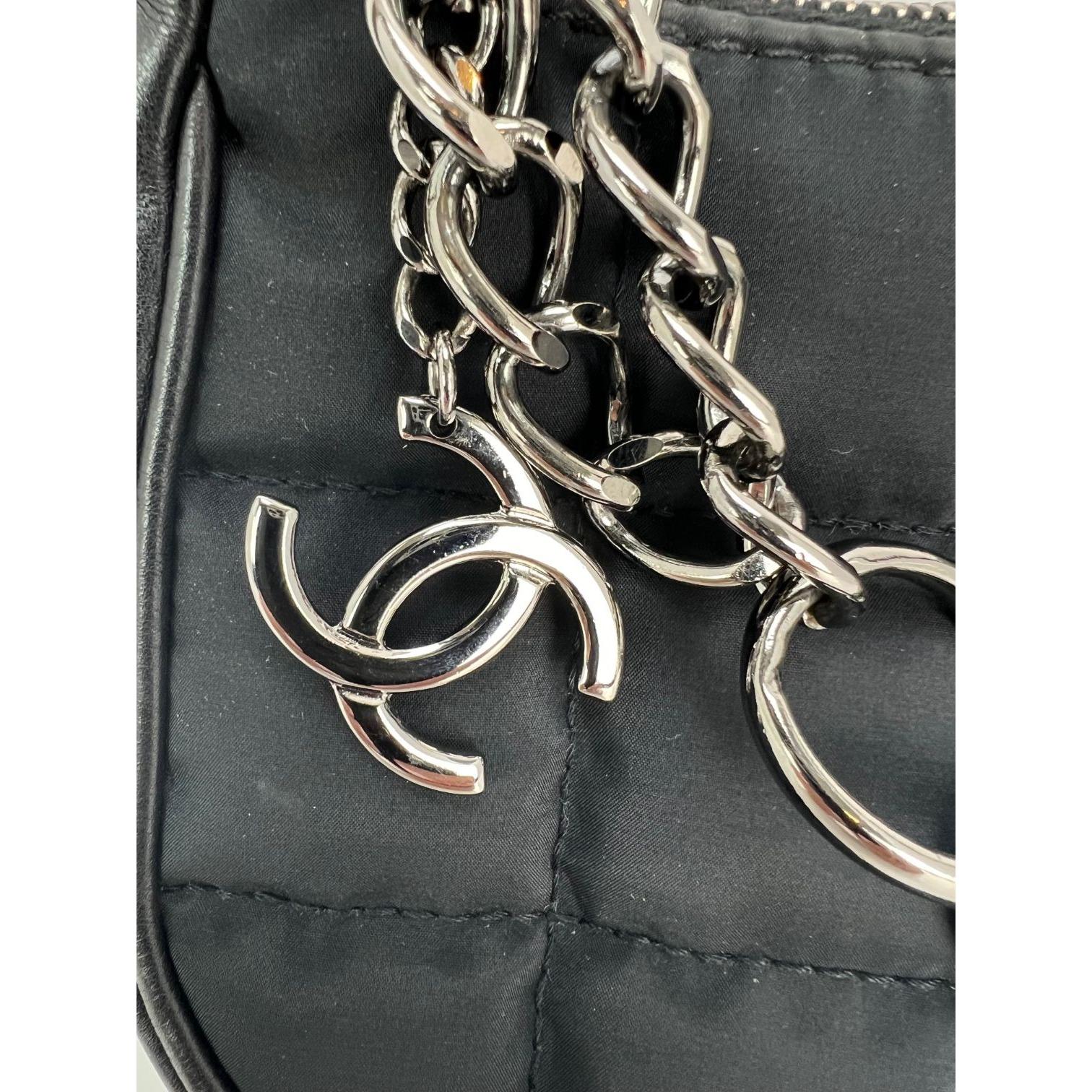 Chanel Black Chocolate Bar Nylon Leather Pochette Bag In Excellent Condition In Freehold, NJ