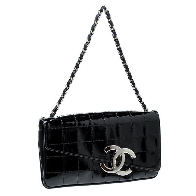 Chanel Black Chocolate Bar Patent Leather CC Logo Chain Clutch For Sale ...