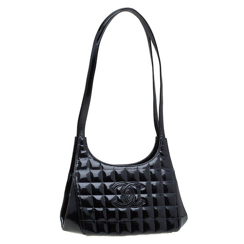 Women's Chanel Black Chocolate Bar Patent Leather Kisslock Shoulder Bag