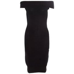 Chanel Black Chunky Rib Knit Off Shoulder Bodycon Dress M
