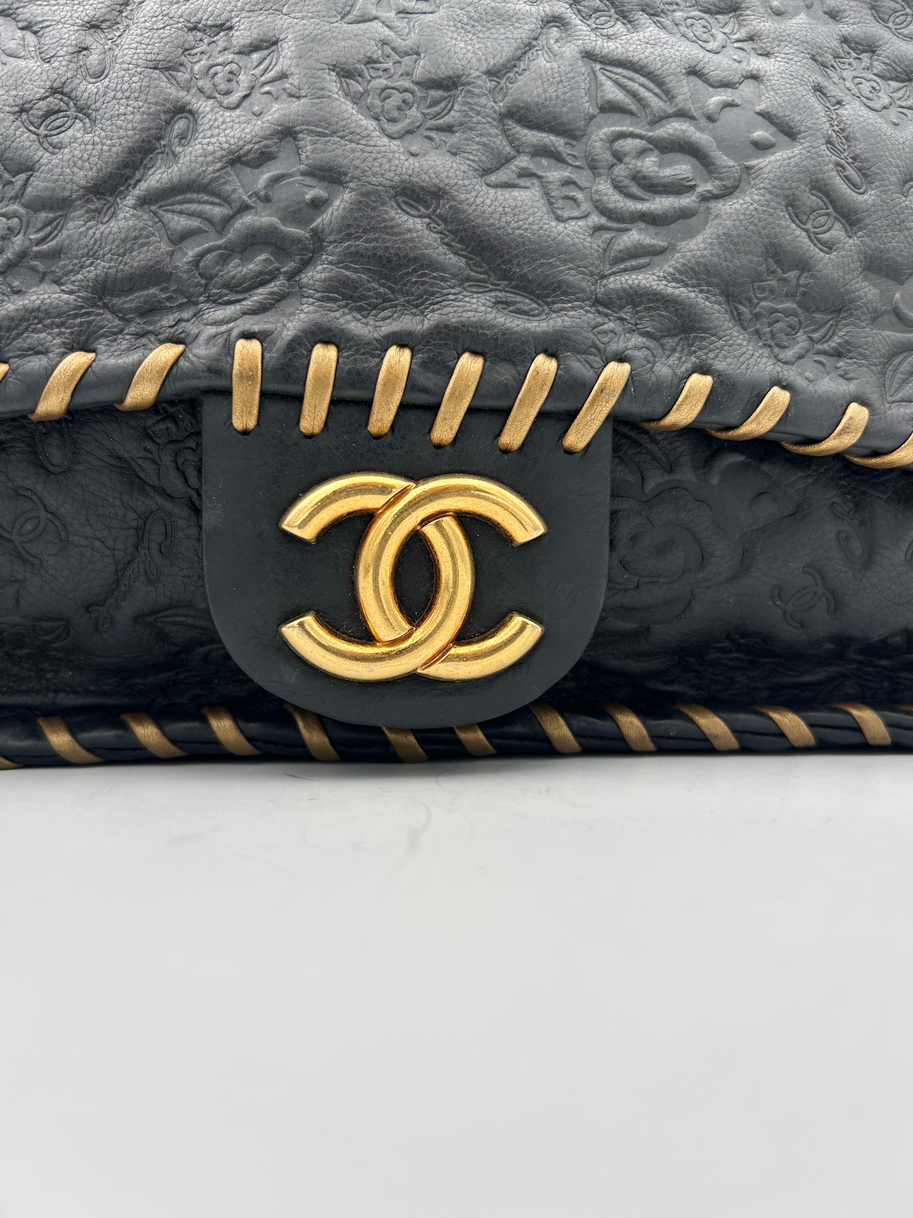 Women's or Men's Chanel Black Classic Bag Camellia Blizzard 2010-2011 For Sale