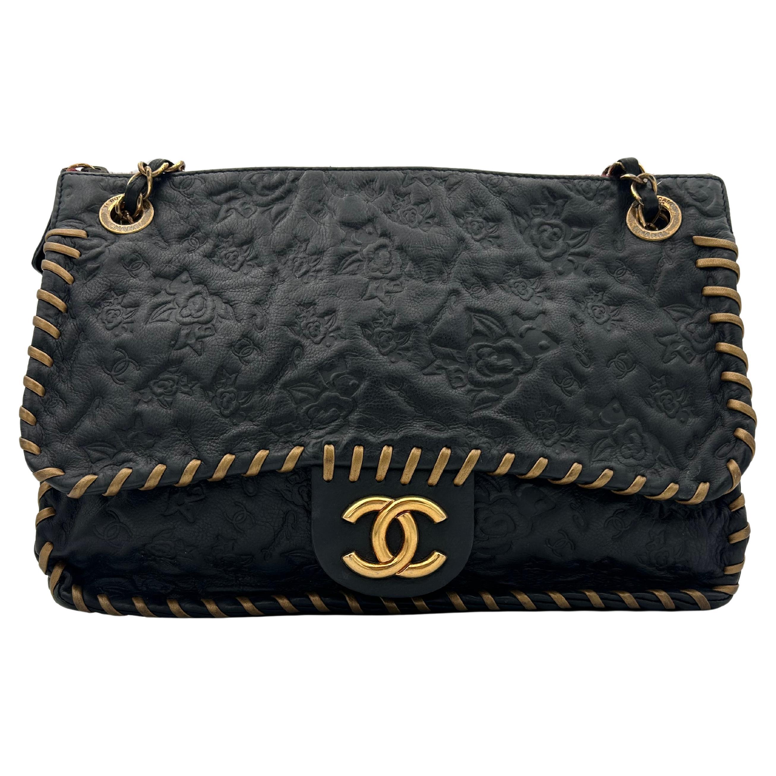 Chanel Black Classic Bag Camellia Blizzard 2010-2011 For Sale