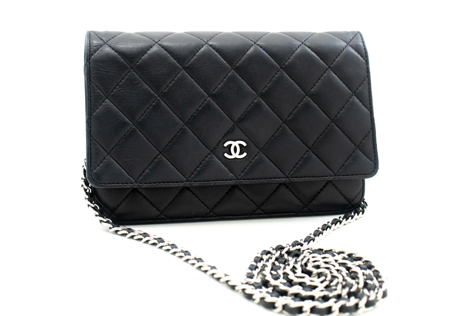An authentic CHANEL Black Classic Wallet On Chain WOC Shoulder Bag made of black Lambskin Silver. The color is Black. The outside material is Leather. The pattern is Solid. This item is Contemporary. The year of manufacture would be 2010.
Conditions