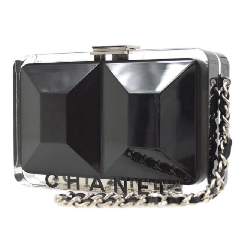 CHANEL Black Clear Transparent Plastic Silver 'CHANEL' Block Wristlet Clutch Bag In Good Condition In Chicago, IL