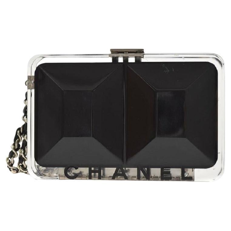 CHANEL Black Clear Transparent Plastic Silver 'CHANEL' Block Wristlet Clutch Bag