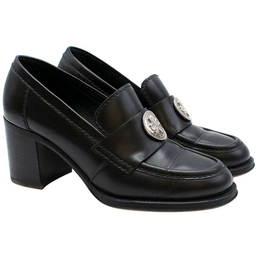 Chanel black clover embellished mid heel loafers SIZE 38 For Sale