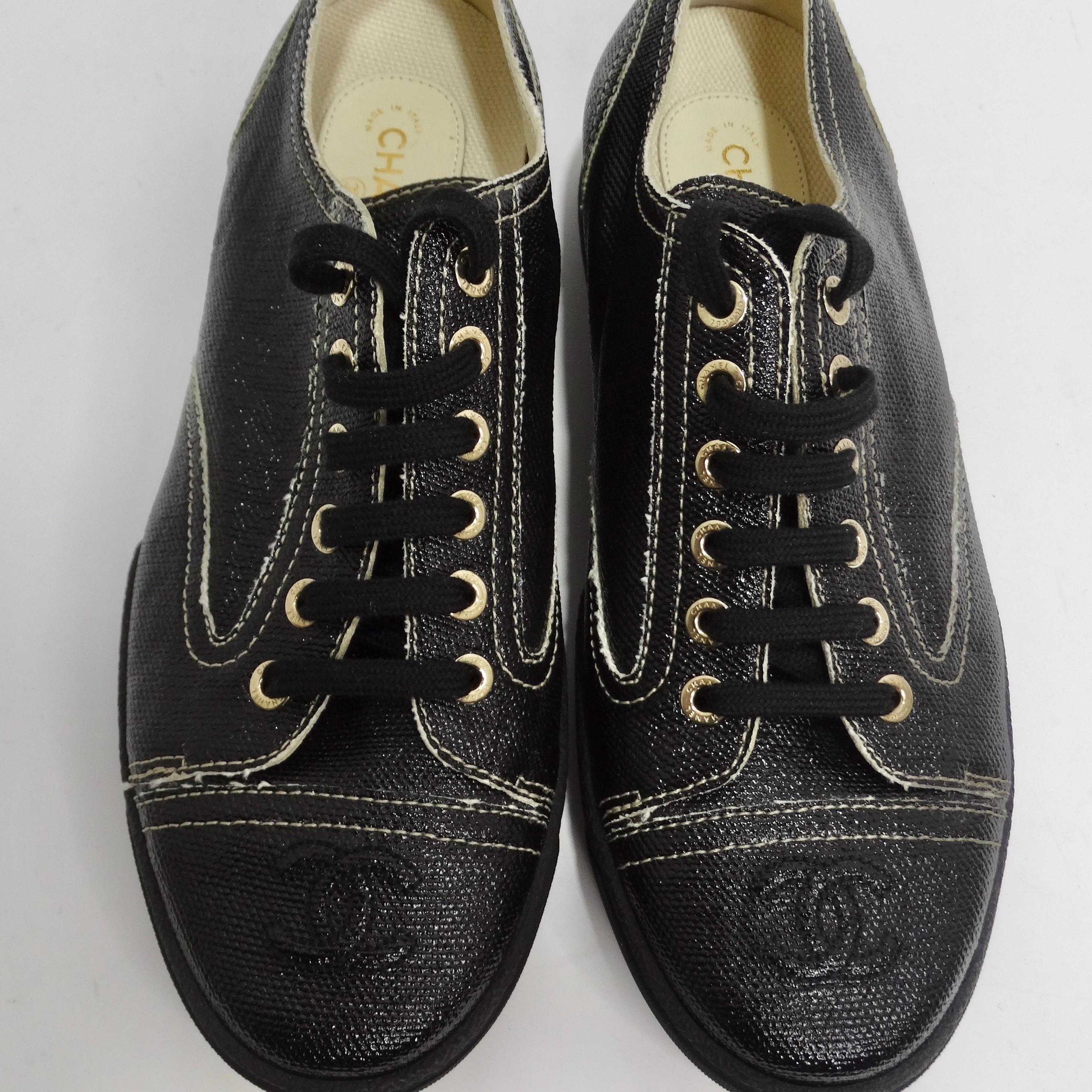 Women's or Men's Chanel Black Coated Toile Lace Up Sneakers For Sale