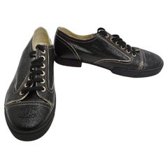 Vintage Chanel Black Coated Toile Lace Up Sneakers