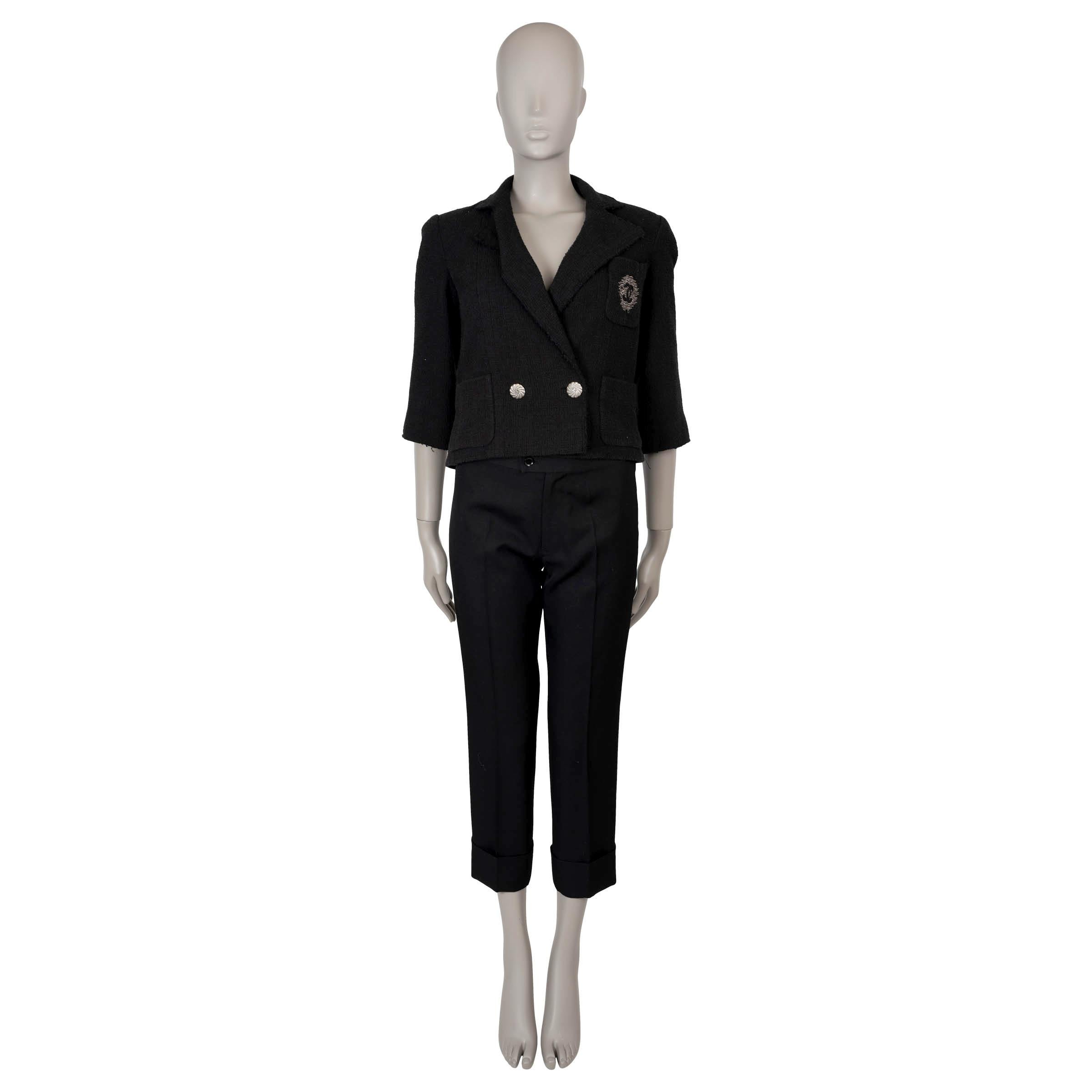 Women's CHANEL black cotton 12P DOUBLE BREASTED CROPPED TWEED Jacket 36 XS For Sale