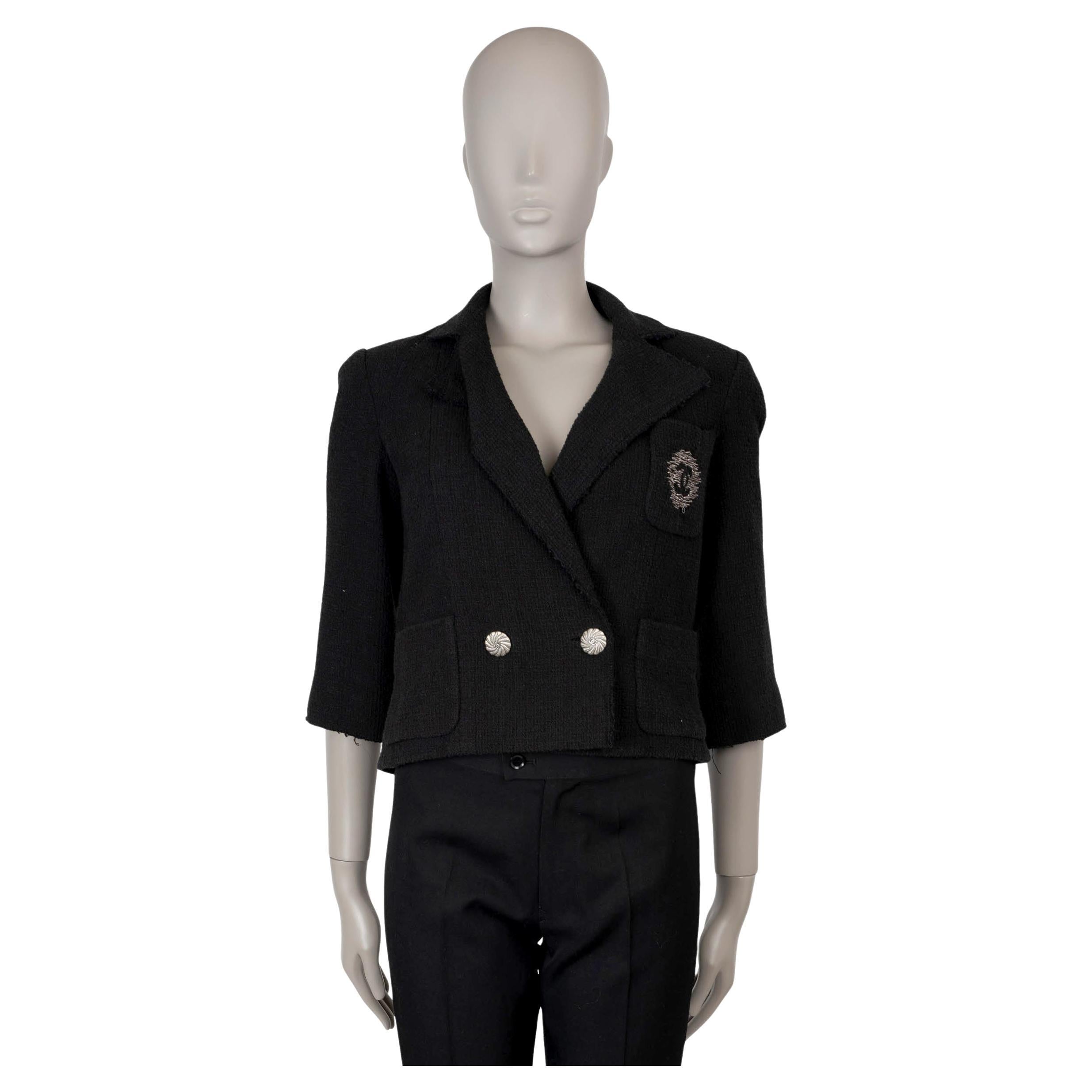 CHANEL black cotton 12P DOUBLE BREASTED CROPPED TWEED Jacket 36 XS For Sale
