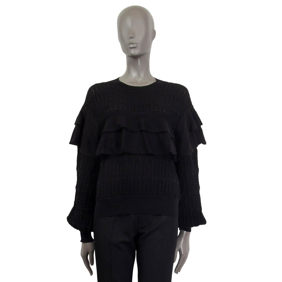 Black CHANEL black cotton 2018 RUFFLED Crewneck Sweater 38 S For Sale