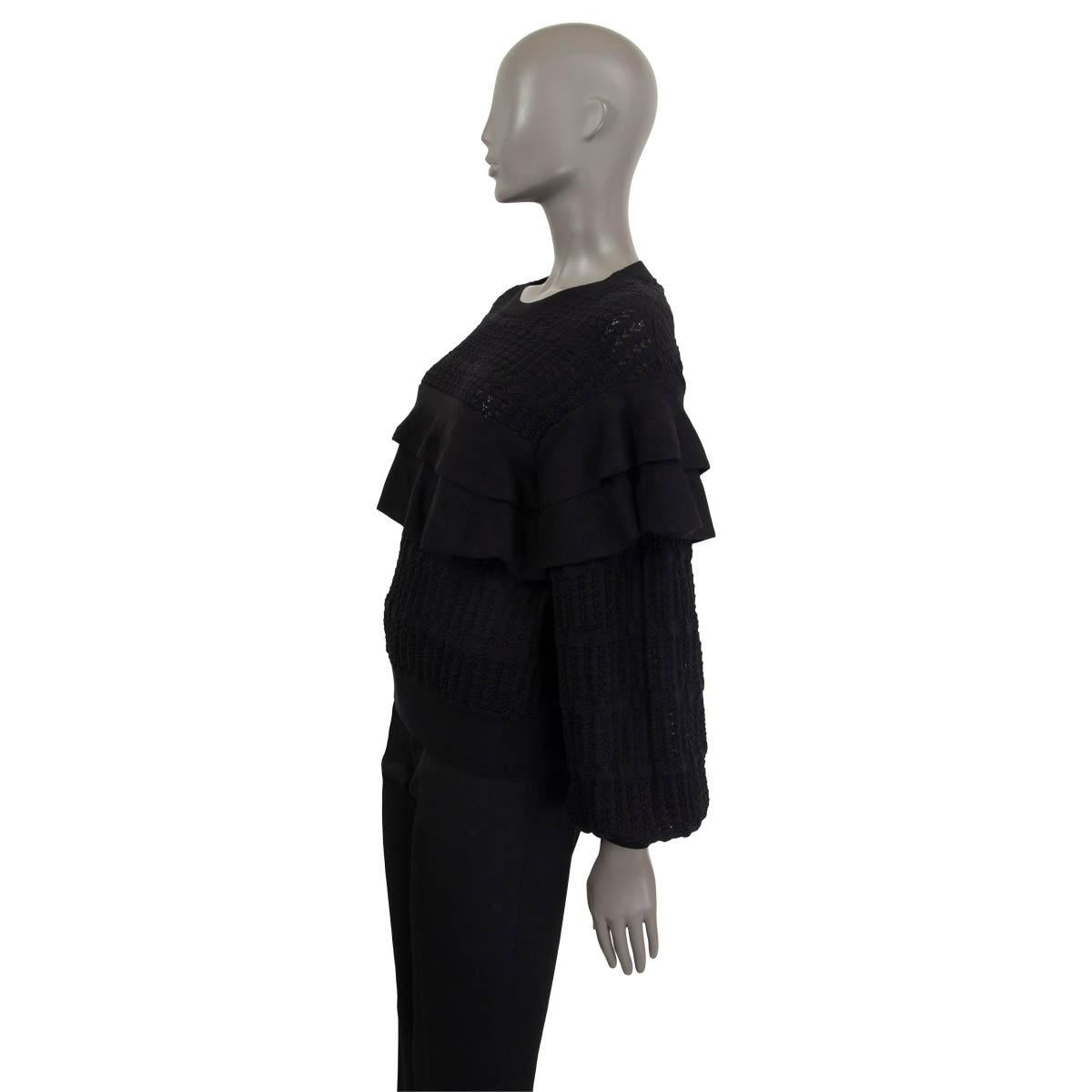 Women's CHANEL black cotton 2018 RUFFLED Crewneck Sweater 38 S For Sale