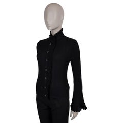 CHANEL black cotton 20P FRILL TRIM RIB-KNIT Blouse Shirt 40 M