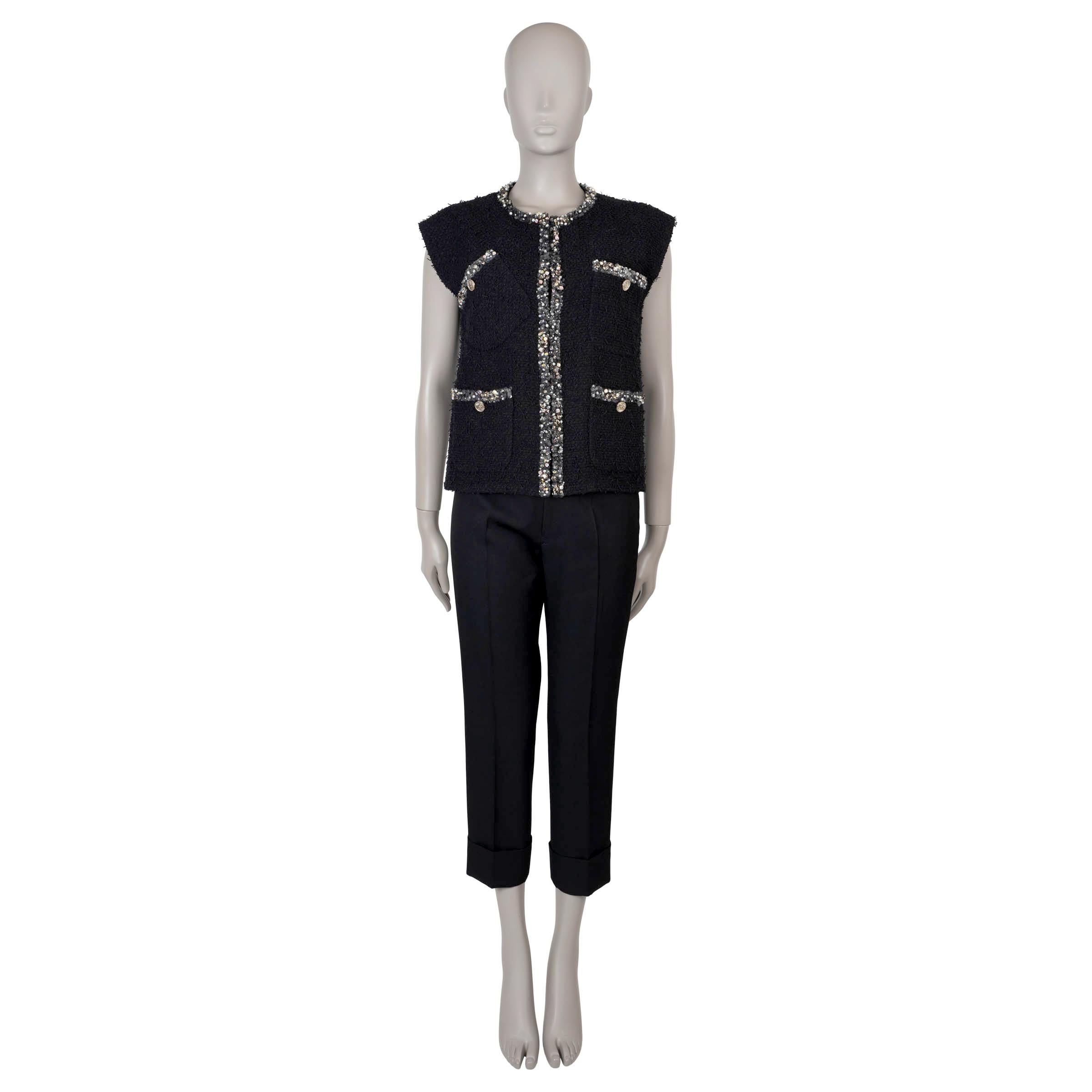 Women's CHANEL black cotton 21S SEQUIN TRIM TWEED Vest Jacket 38 S For Sale